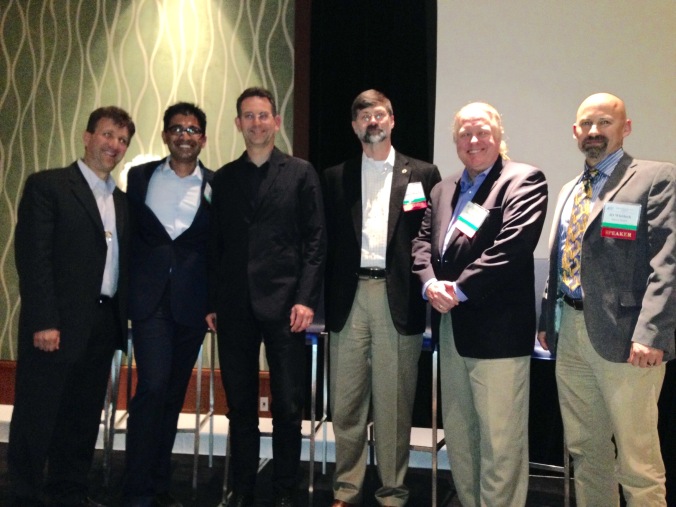 Medical Informatics World 2015 Final Panel.  From left: Eric Glazer, Gowtham Rao, John Halamka, Stephen Warren, Jason Burke, and J.D. Whitlock.  Image courtesy of Cambridge Healthtech Institute.